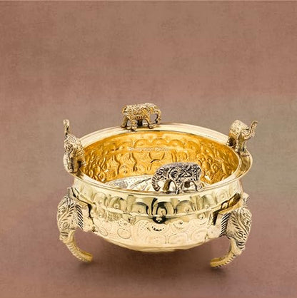 Elephant Carving Urali Bowl 6"inch | 570 gm Decorative Brass Bowl & Platter