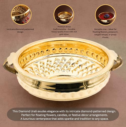 Bhimonee Decor Diamond Carving Urali Bowl 10" | 740 gm Decorative Brass Bowl & Platter | Home Decor, Pooja & Gifting | Brass | Gold