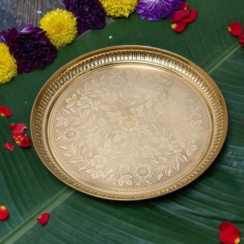 Bhimonee Decor Designer Brass Puja Thali | Premium Gold Polish Pooja Thali with Floral Engraving | Traditional Mandir Accessory for Aarti, Rituals & Festivals