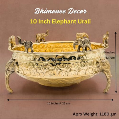 Bhimonee Decor Elephant Carving Urali Bowl 10" | 1180 gm Decorative Brass Bowl & Platter | Home Decor, Pooja & Gifting | Brass | Gold