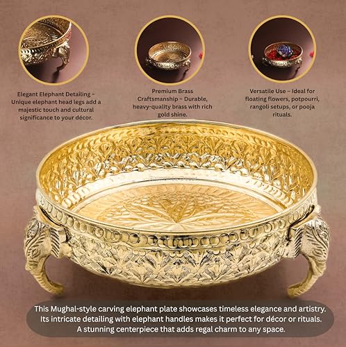 Bhimonee Decor Carving Elephant Plate 8" | 620 gm Decorative Brass Plate & Bowl | Home Decor, Pooja & Gifting | Brass | Gold