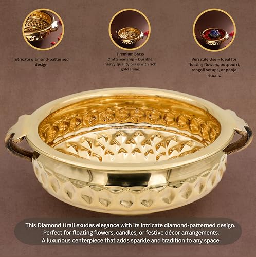 Bhimonee Decor Diamond Carving Urali Bowl 8" | 470 gm Decorative Brass Bowl & Platter | Home Decor, Pooja & Gifting | Brass | Gold
