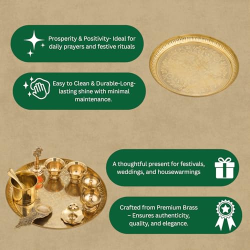 Bhimonee Decor Engraved Brass Puja Thali Set | 8 Pcs Traditional Pooja Plate with Floral Design, Kalash, Diya, Bell, Spoon & Bowls | Premium Mandir Essentials for Festivals