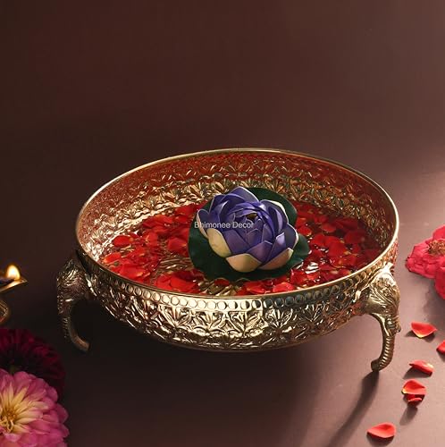 Bhimonee Decor Carving Elephant Thali 10 Inch 830g - Handcrafted Brass Decorative Bowl with Floral Engraving, Mughal Design, Elephant Handle, Home Decor, Pooja & Gift Item