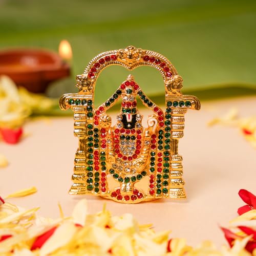 Bhimonee Decor  Tirupati Balaji Stone Idol | Bhagwan Murthi for Car Dashboard, Home, Office & Pooja Room Decor | Spiritual Gold Finish | Diwali Gift | 3 Inches, Gold(Red Sequins)