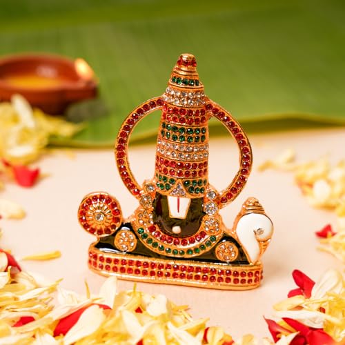 Bhimonee Decor | Gold-Plated Tirupati Balaji Stone Idol | 7.8 CM Divine Venkateswara Bhagwan Murthi | Spiritual Car Dashboard Showpiece | Home Temple & Office Desk Puja Decor |