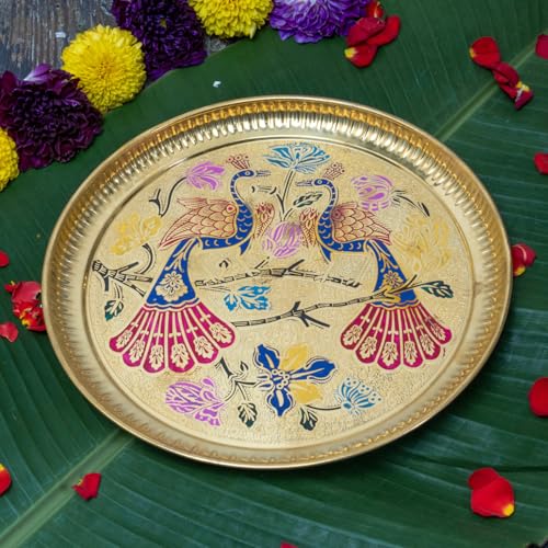 Bhimonee Decor Multicolor Meenakari Peacock Brass Puja Thali | Designer Handcrafted Pooja Thali for Aarti & Temple Use | Vibrant Mandir Accessory & Festival Gift
