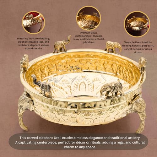 Bhimonee Decor Elephant Carving Urali Bowl 10" | 1180 gm Decorative Brass Bowl & Platter | Home Decor, Pooja & Gifting | Brass | Gold