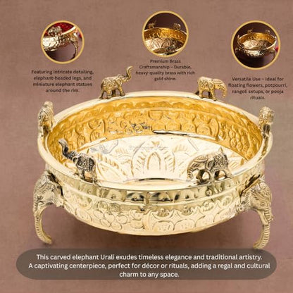 Bhimonee Decor Elephant Carving Urali Bowl 10" | 1180 gm Decorative Brass Bowl & Platter | Home Decor, Pooja & Gifting | Brass | Gold
