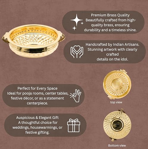 Bhimonee Decor Diamond Carving Urali Bowl 10" | 740 gm Decorative Brass Bowl & Platter | Home Decor, Pooja & Gifting | Brass | Gold