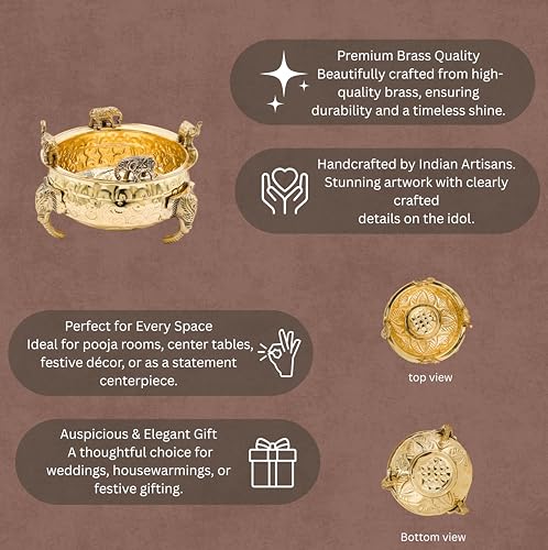 Elephant Carving Urali Bowl 6"inch | 570 gm Decorative Brass Bowl & Platter