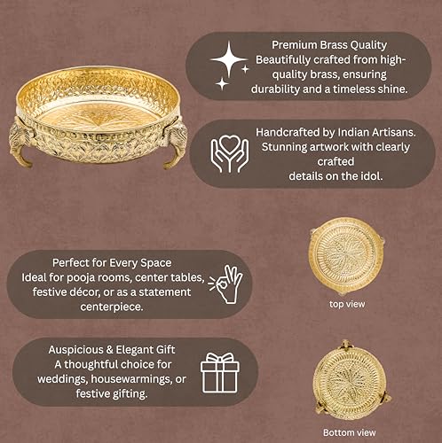 Bhimonee Decor Carving Elephant Plate 8" | 620 gm Decorative Brass Plate & Bowl | Home Decor, Pooja & Gifting | Brass | Gold