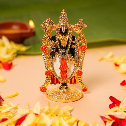 Bhimonee Decor | Gold-Plated Tirupati Balaji Stone Idol | 8 CM Divine Lord Venkateswara Murthi | Spiritual Car Dashboard Showpiece | Home & Office Desk Puja Décor |