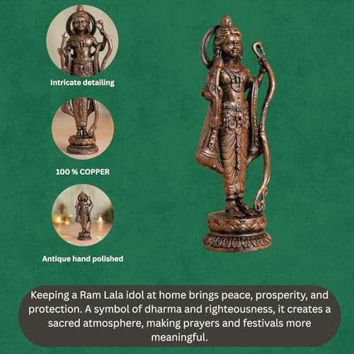 Bhimonee Decor Lord Rama Idol | Antique Brass Finish Ram Murti with Bow & Arrow | Ram Lalla Statue for Puja Mandir, Home & Office Decor | Auspicious Gift for Devotees & Festivals