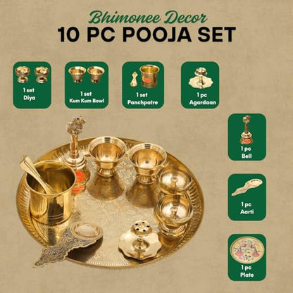 Bhimonee Decor Engraved Brass Puja Thali Set | 8 Pcs Traditional Pooja Plate with Floral Design, Kalash, Diya, Bell, Spoon & Bowls | Premium Mandir Essentials for Festivals