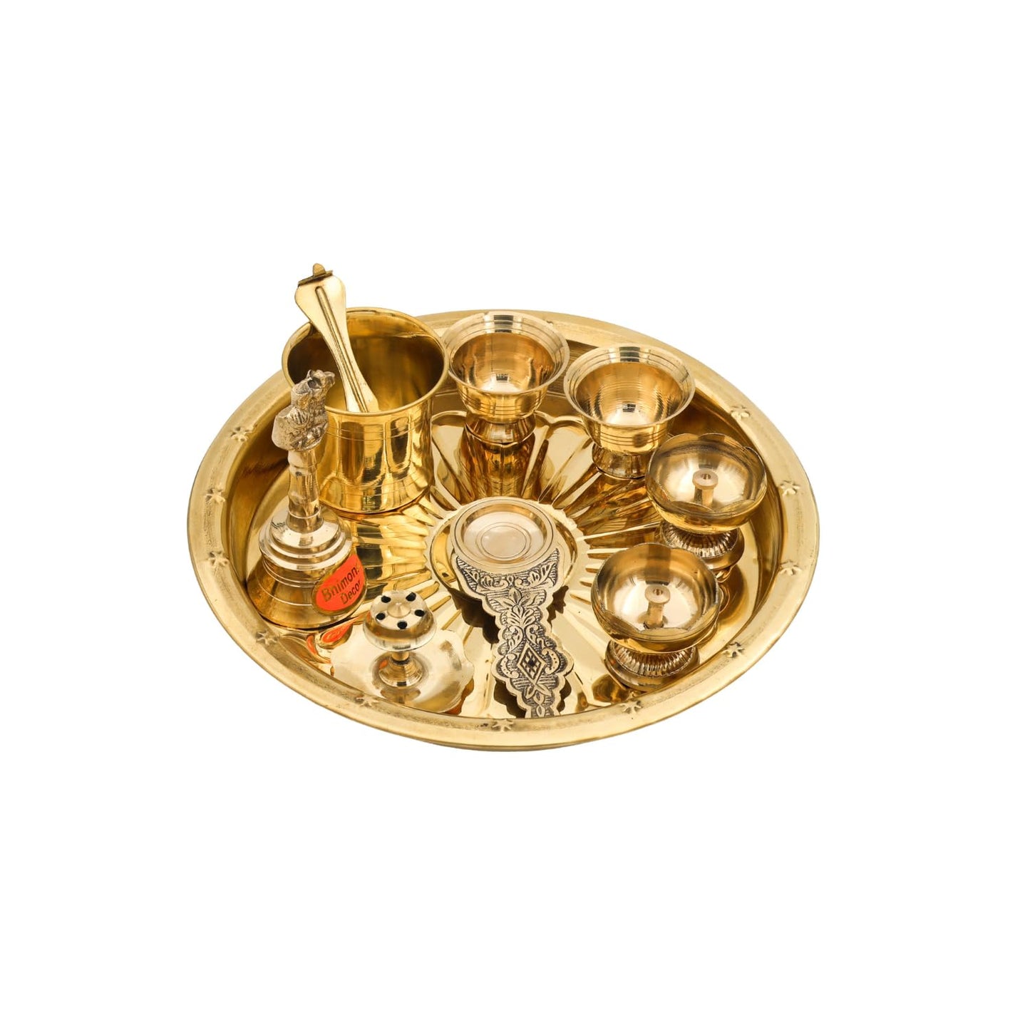 Bhimonee Decor Brass Puja Thali Set | 8 Pcs Traditional Pooja Plate with Diyas, Bell, Kalash, Spoon & Bowls | Premium Gold Polish for Mandir & Festival Rituals
