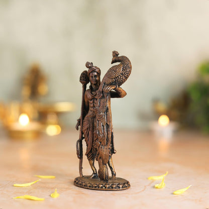 Copper Idols Lord Kartikeya Idol | Antique Brass Finish Murugan Statue with Peacock | Skanda Swamy Murti for Puja Mandir, Home & Office Decor | Spiritual Gift Item