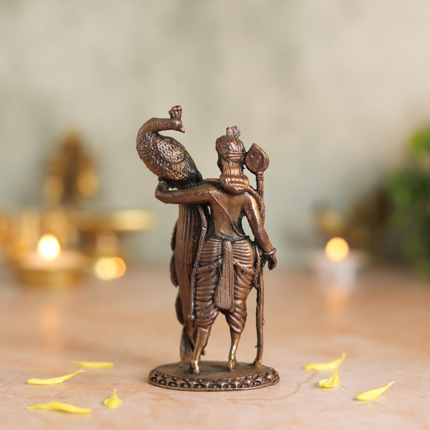 Copper Idols Lord Kartikeya Idol | Antique Brass Finish Murugan Statue with Peacock | Skanda Swamy Murti for Puja Mandir, Home & Office Decor | Spiritual Gift Item