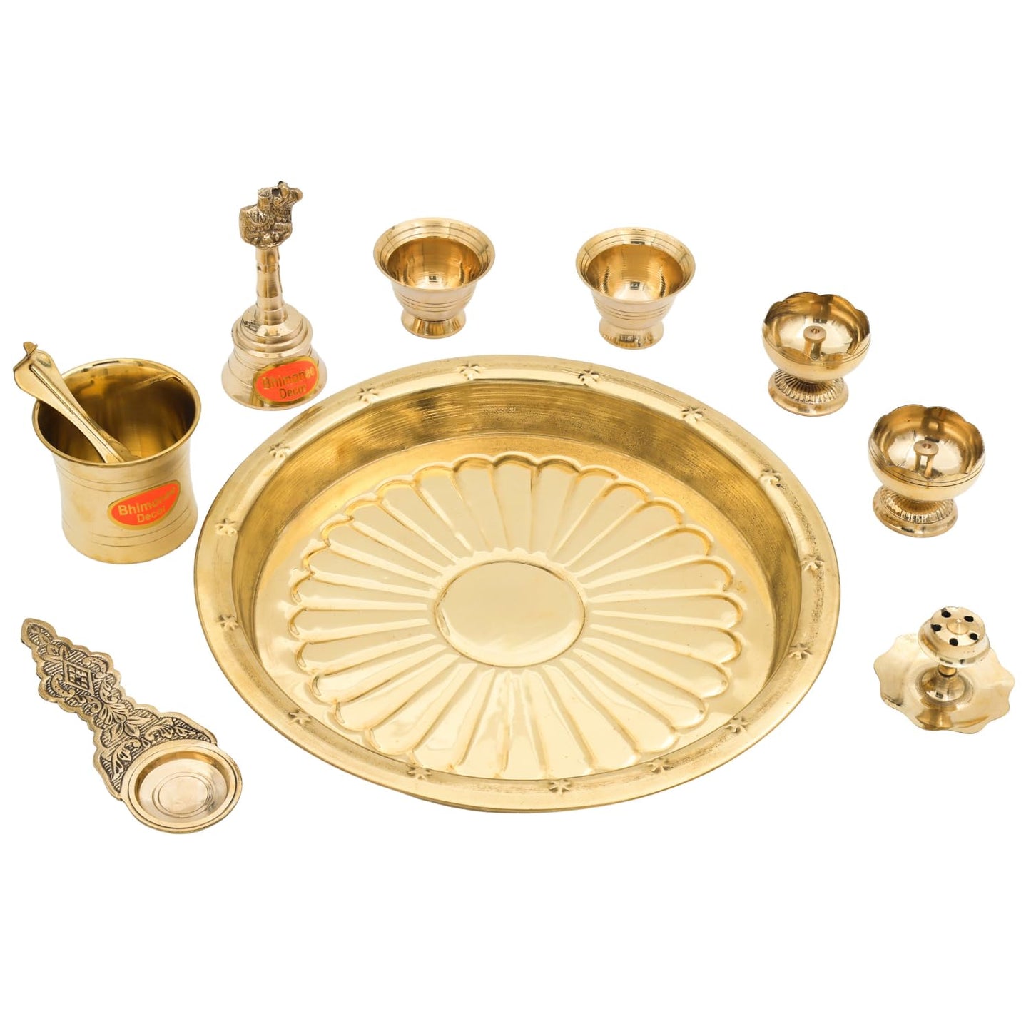 Bhimonee Decor Brass Puja Thali Set | 8 Pcs Traditional Pooja Plate with Diyas, Bell, Kalash, Spoon & Bowls | Premium Gold Polish for Mandir & Festival Rituals