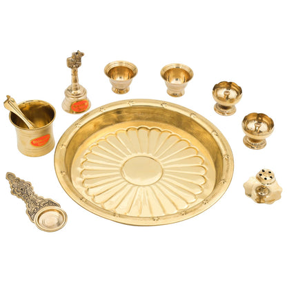 Bhimonee Decor Brass Puja Thali Set | 8 Pcs Traditional Pooja Plate with Diyas, Bell, Kalash, Spoon & Bowls | Premium Gold Polish for Mandir & Festival Rituals