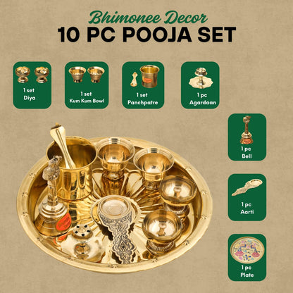 Bhimonee Decor Brass Puja Thali Set | 8 Pcs Traditional Pooja Plate with Diyas, Bell, Kalash, Spoon & Bowls | Premium Gold Polish for Mandir & Festival Rituals