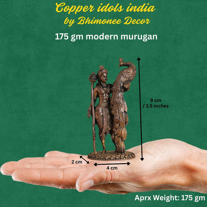 Copper Idols Lord Kartikeya Idol | Antique Brass Finish Murugan Statue with Peacock | Skanda Swamy Murti for Puja Mandir, Home & Office Decor | Spiritual Gift Item