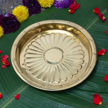 Bhimonee Decor Brass Puja Thali | Traditional Gold Polish Pooja Thali for Aarti, Temple, and Festival Rituals | Classic Devotional Accessory for Mandir & Home