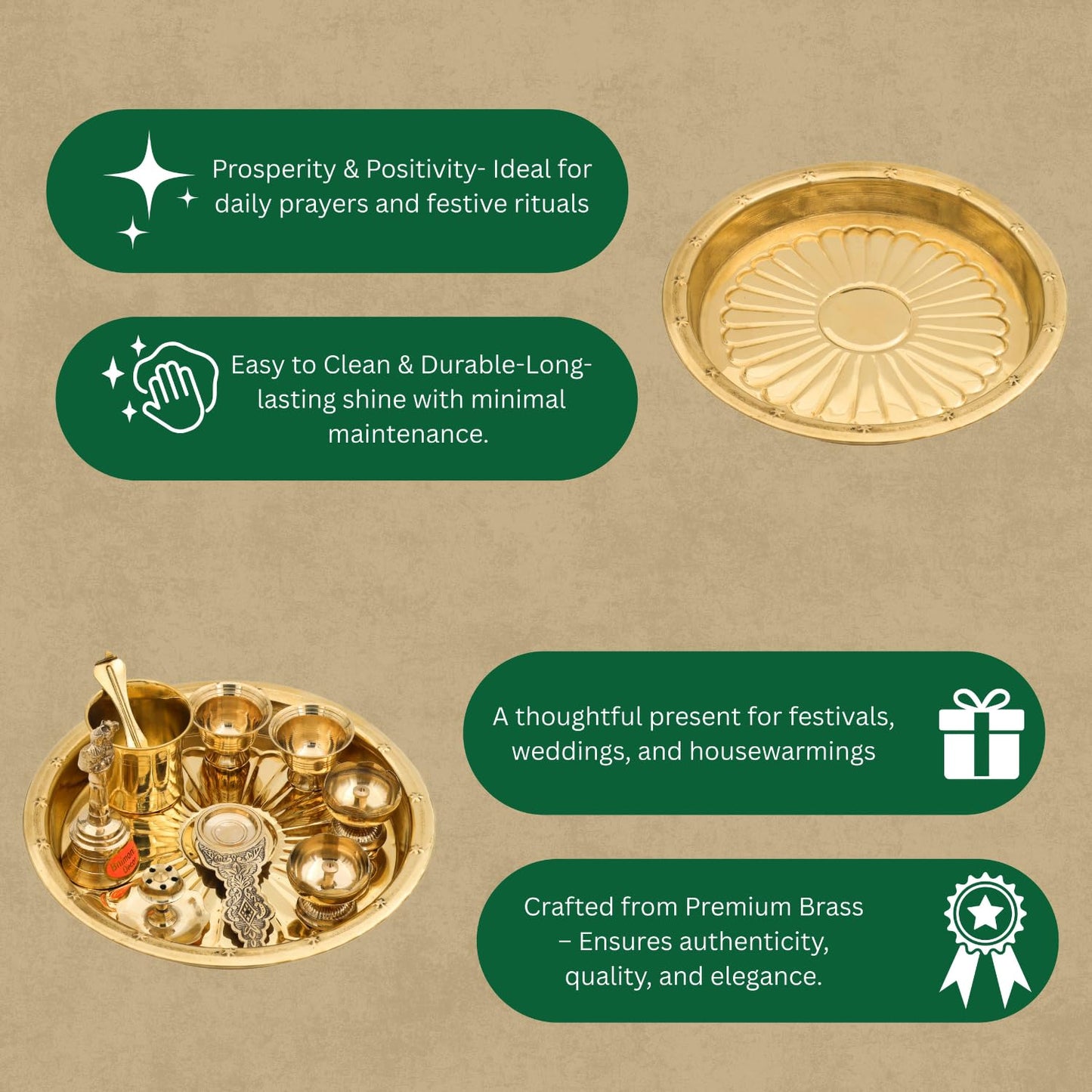 Bhimonee Decor Brass Puja Thali Set | 8 Pcs Traditional Pooja Plate with Diyas, Bell, Kalash, Spoon & Bowls | Premium Gold Polish for Mandir & Festival Rituals