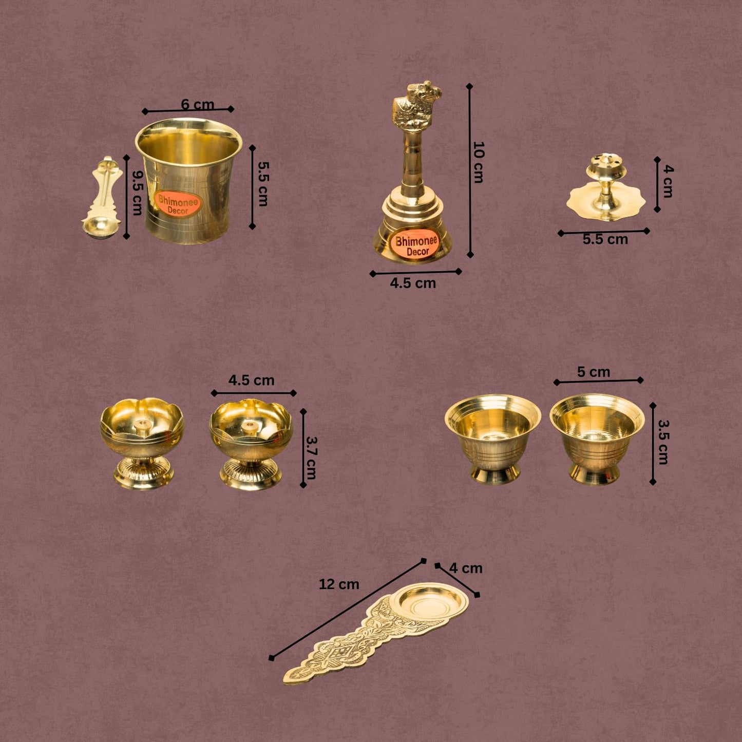 Bhimonee Decor Complete Brass Puja Set | 8 Pcs Traditional Pooja Kit with Diya, Bell, Kalash, Spoon, Bowls & Incense Holder | Gold Polish Mandir Essentials for Aarti & Festivals