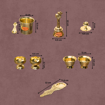 Bhimonee Decor Complete Brass Puja Set | 8 Pcs Traditional Pooja Kit with Diya, Bell, Kalash, Spoon, Bowls & Incense Holder | Gold Polish Mandir Essentials for Aarti & Festivals
