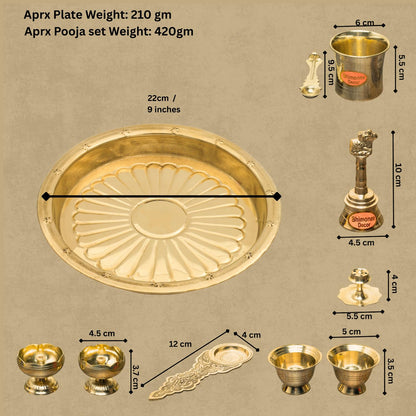 Bhimonee Decor Brass Puja Thali Set | 8 Pcs Traditional Pooja Plate with Diyas, Bell, Kalash, Spoon & Bowls | Premium Gold Polish for Mandir & Festival Rituals
