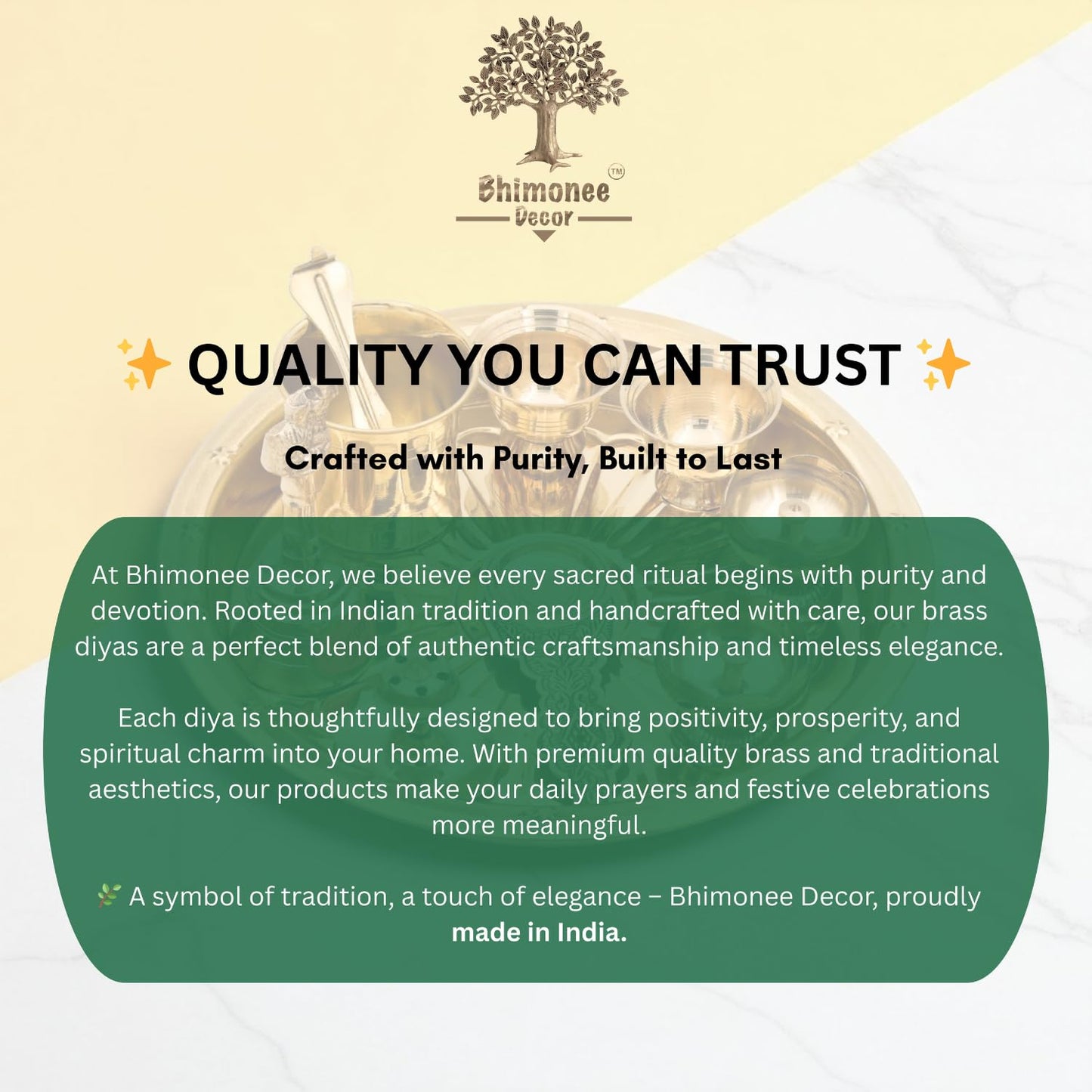 Bhimonee Decor Brass Puja Thali Set | 8 Pcs Traditional Pooja Plate with Diyas, Bell, Kalash, Spoon & Bowls | Premium Gold Polish for Mandir & Festival Rituals