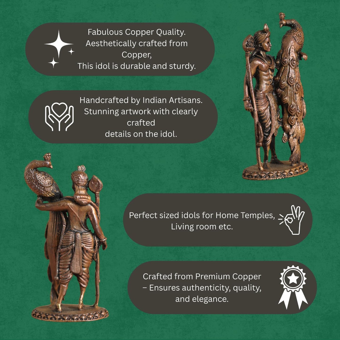 Copper Idols Lord Kartikeya Idol | Antique Brass Finish Murugan Statue with Peacock | Skanda Swamy Murti for Puja Mandir, Home & Office Decor | Spiritual Gift Item