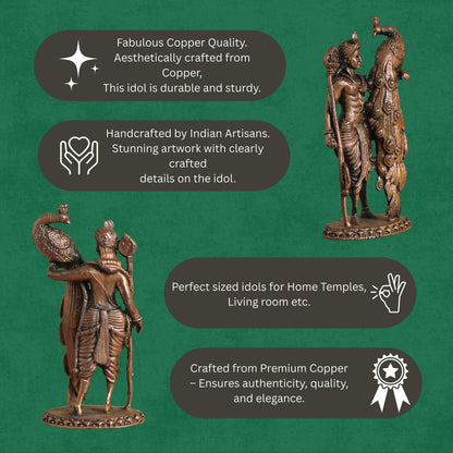 Copper Idols Lord Kartikeya Idol | Antique Brass Finish Murugan Statue with Peacock | Skanda Swamy Murti for Puja Mandir, Home & Office Decor | Spiritual Gift Item