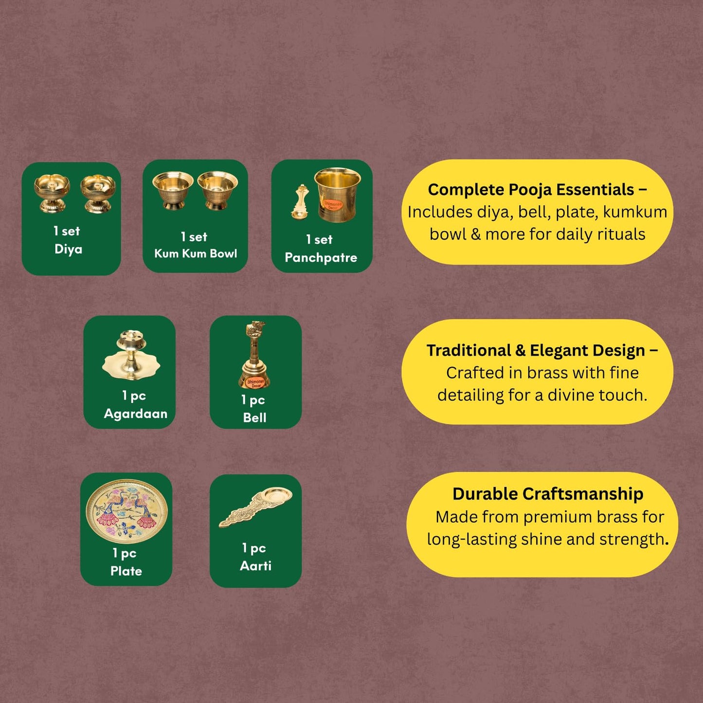 Bhimonee Decor Complete Brass Puja Set | 8 Pcs Traditional Pooja Kit with Diya, Bell, Kalash, Spoon, Bowls & Incense Holder | Gold Polish Mandir Essentials for Aarti & Festivals