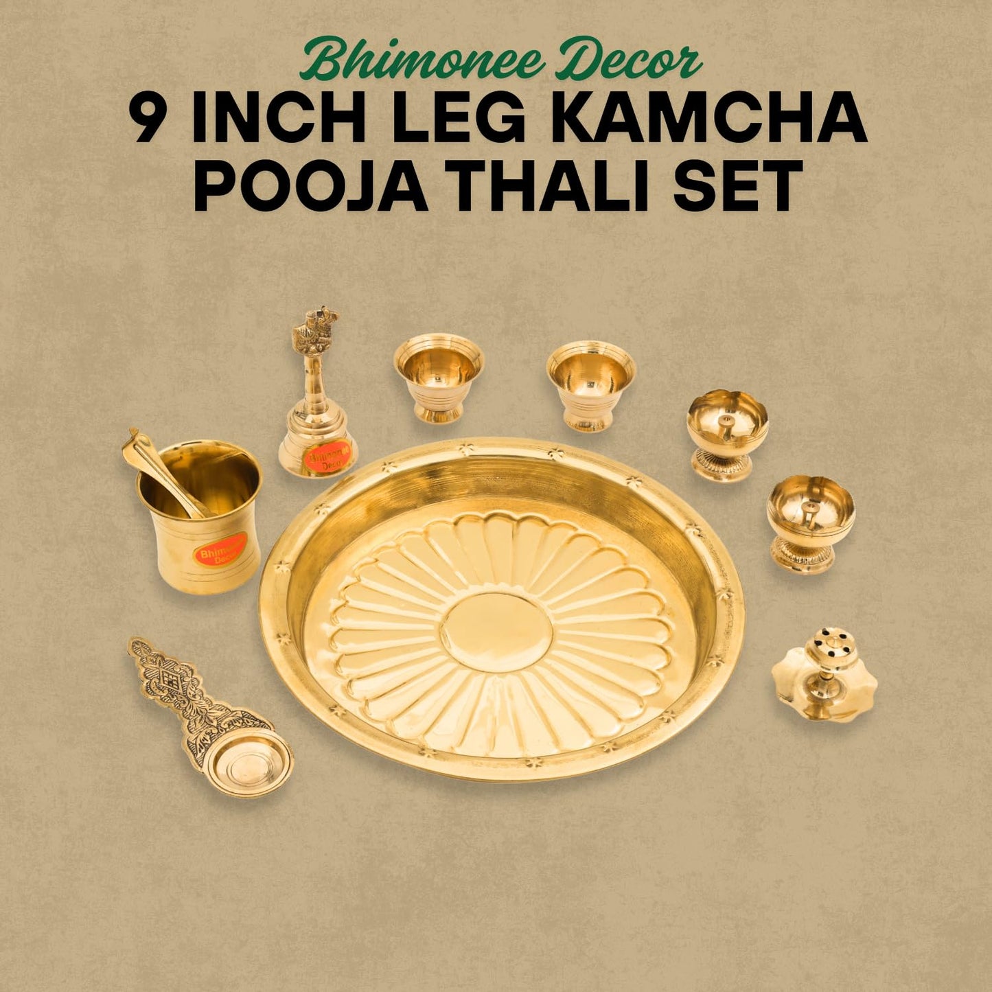 Bhimonee Decor Brass Puja Thali Set | 8 Pcs Traditional Pooja Plate with Diyas, Bell, Kalash, Spoon & Bowls | Premium Gold Polish for Mandir & Festival Rituals
