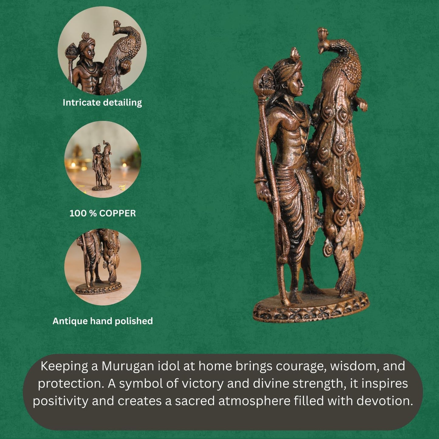 Copper Idols Lord Kartikeya Idol | Antique Brass Finish Murugan Statue with Peacock | Skanda Swamy Murti for Puja Mandir, Home & Office Decor | Spiritual Gift Item