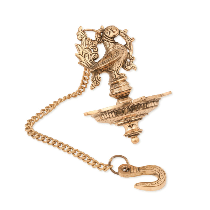 Bhimonee Decor Handmade Brass Hanging Diya – Ethnic Peacock Design with 5 Oil Wicks for Pooja & Home Décor (Medium, Pack of 1)