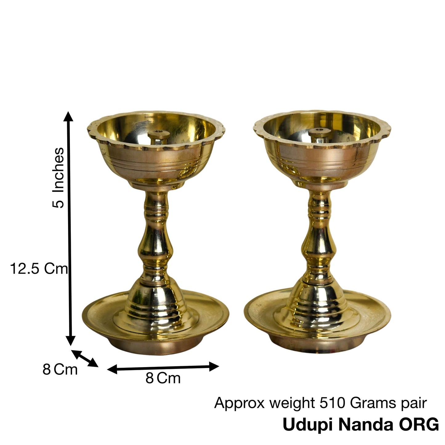 Bhimonee Decor| Pure Brass Udupi Nanda Diya | Deepak | Deep for Pooja | Home Temple Decor | Pack of 2 | 5 Inches | 510g
