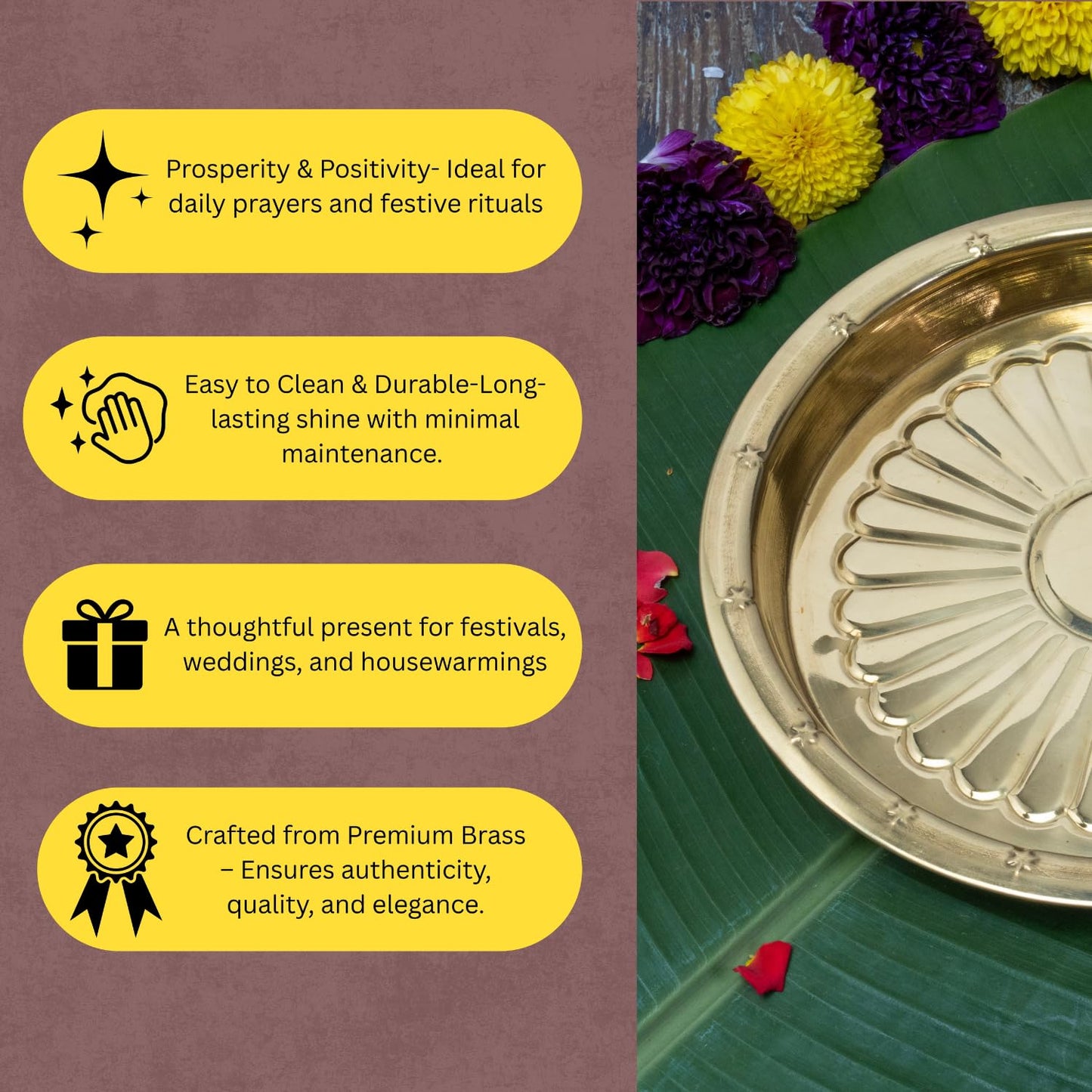 Bhimonee Decor Brass Puja Thali | Traditional Gold Polish Pooja Thali for Aarti, Temple, and Festival Rituals | Classic Devotional Accessory for Mandir & Home