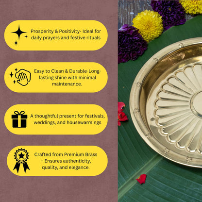 Bhimonee Decor Brass Puja Thali | Traditional Gold Polish Pooja Thali for Aarti, Temple, and Festival Rituals | Classic Devotional Accessory for Mandir & Home