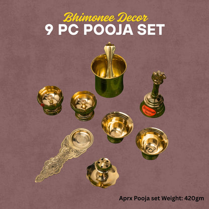 Bhimonee Decor Complete Brass Puja Set | 8 Pcs Traditional Pooja Kit with Diya, Bell, Kalash, Spoon, Bowls & Incense Holder | Gold Polish Mandir Essentials for Aarti & Festivals