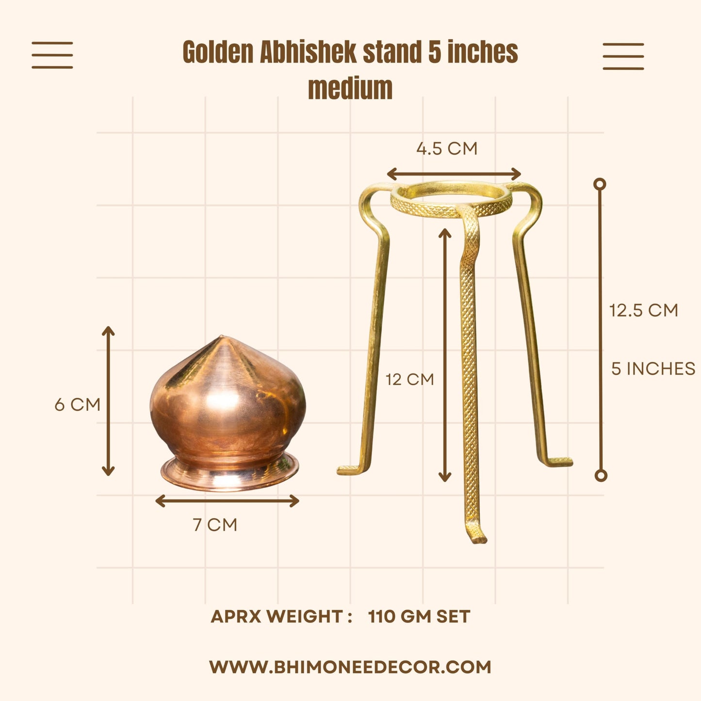 NEETU ARTS Golden Abhishek Stand – 5 Inch Medium Brass Puja Stand for Jal Abhishek & Shivling Pooja | Traditional Hindu Mandir Accessory | Rust-Free Golden Finish