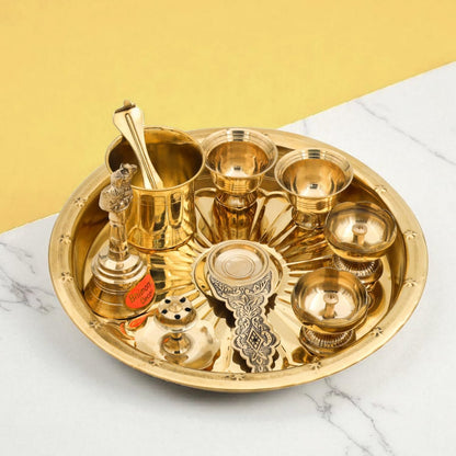 Bhimonee Decor Brass Puja Thali Set | 8 Pcs Traditional Pooja Plate with Diyas, Bell, Kalash, Spoon & Bowls | Premium Gold Polish for Mandir & Festival Rituals