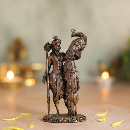 Copper Idols Lord Kartikeya Idol | Antique Brass Finish Murugan Statue with Peacock | Skanda Swamy Murti for Puja Mandir, Home & Office Decor | Spiritual Gift Item