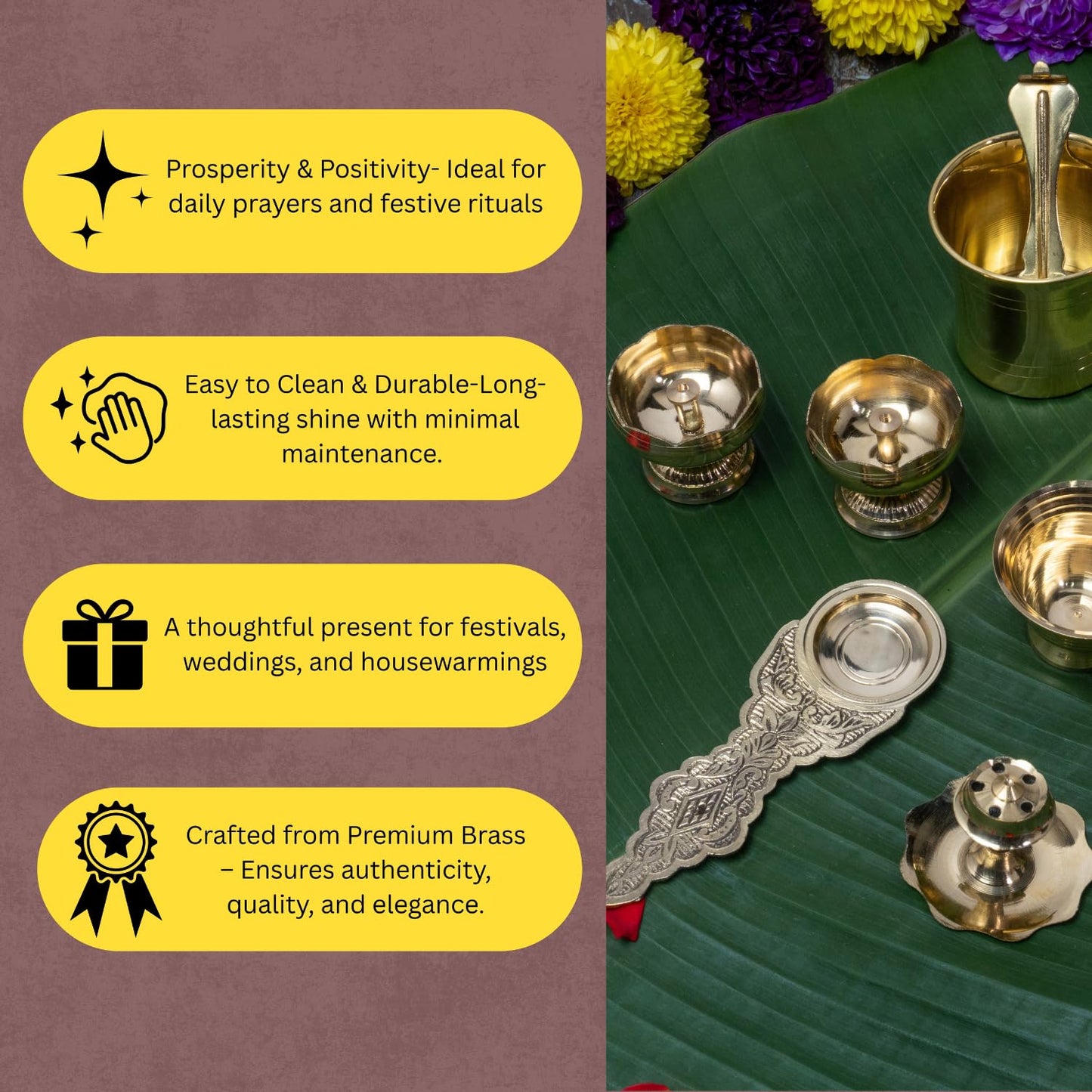 Bhimonee Decor Complete Brass Puja Set | 8 Pcs Traditional Pooja Kit with Diya, Bell, Kalash, Spoon, Bowls & Incense Holder | Gold Polish Mandir Essentials for Aarti & Festivals