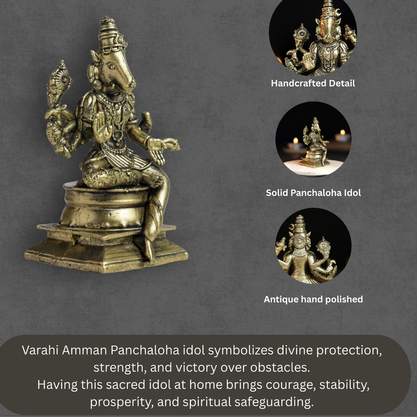 Bhimone Decors | Varahi Amman Panchaloha Idol | Handcrafted Mini Brass Finish | 7 cm Hindu Goddess idol