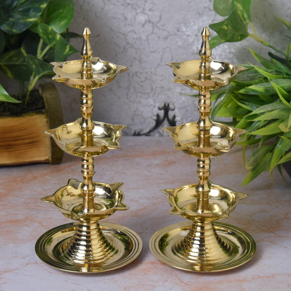 Bhimonee Decor  Pure Brass 3-Layer Kerala Diya | 6 Inches | Traditional Pooja Lamp (Pair)