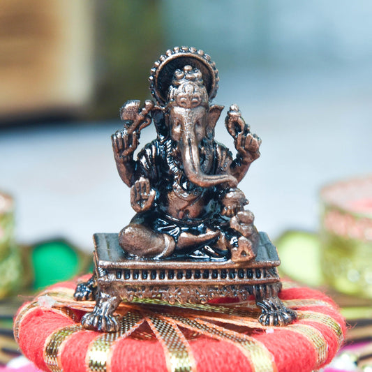 Copper Idols India - By Bhimonee Decor | Handmade Copper Ganesha Idol | 1.6 Inch | 45g | Patina Antique Finish | Vighnaharta Ganpati Murti for Home Temple, Car Dashboard & Office Décor | 1 Pc
