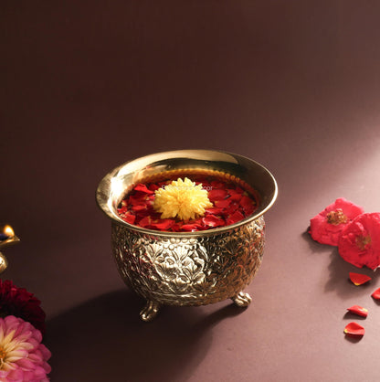 Bhimonee Decor Carving Bowl 6" | 430 gm Decorative Brass Bowl with Stand | Home Decor, Pooja & Gifting | Brass | Gold